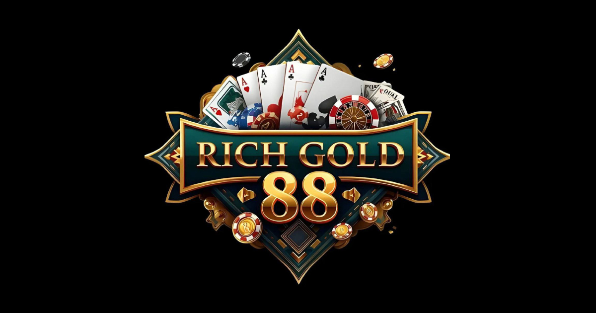 Homepage banner for RichGold88 platform showing mobile app interface and system status display